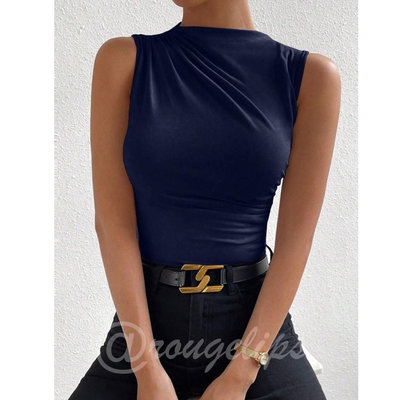 Ruched Navy Blue Asymmetrical Sleeveless Shirt Top Stretchy - Picture 3 of 9